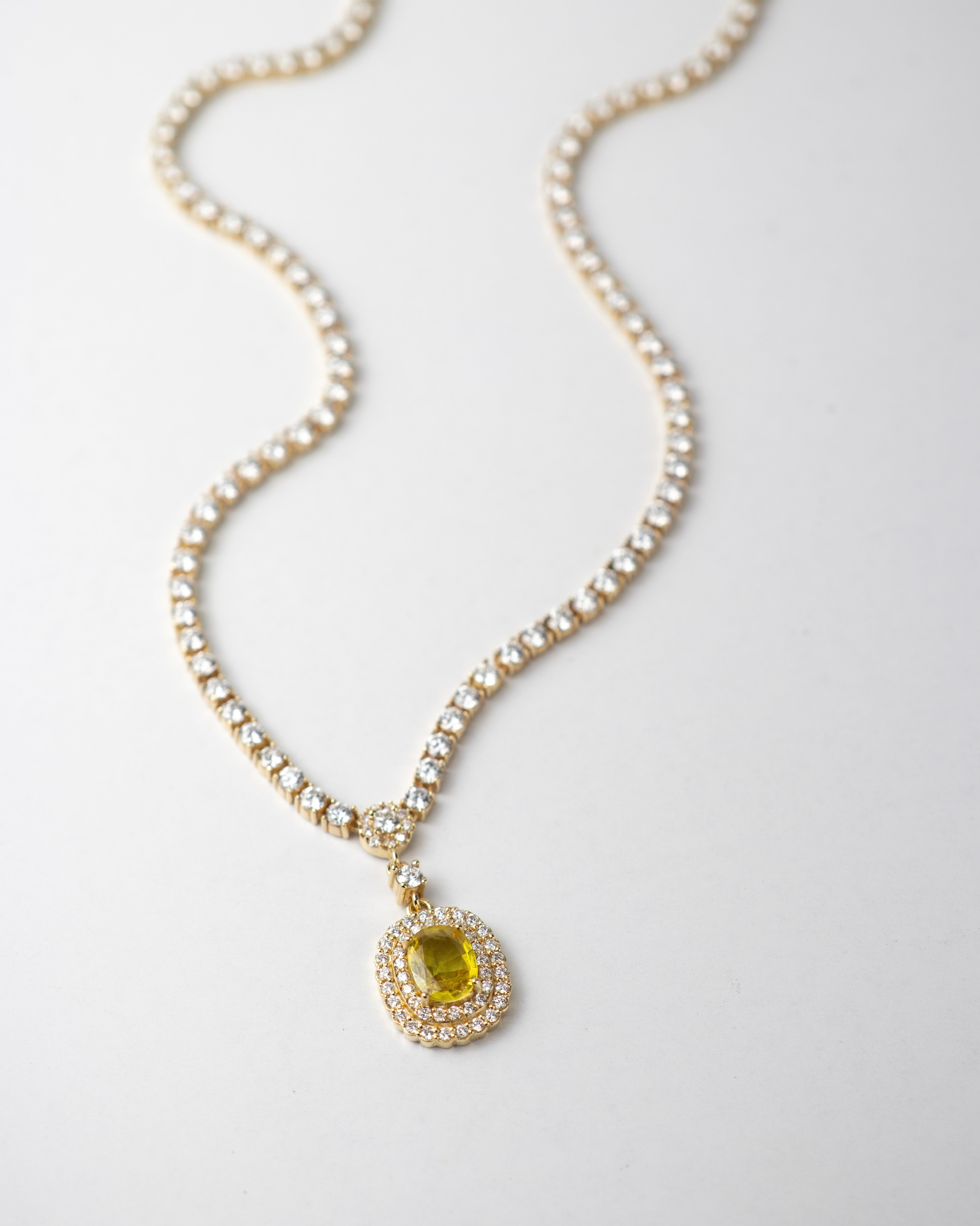 Cadena de zafiro amarillo / Tamaño 50 CM / 1 Zafiro Amarillo / 179 Diamantes / Oro 18 K
