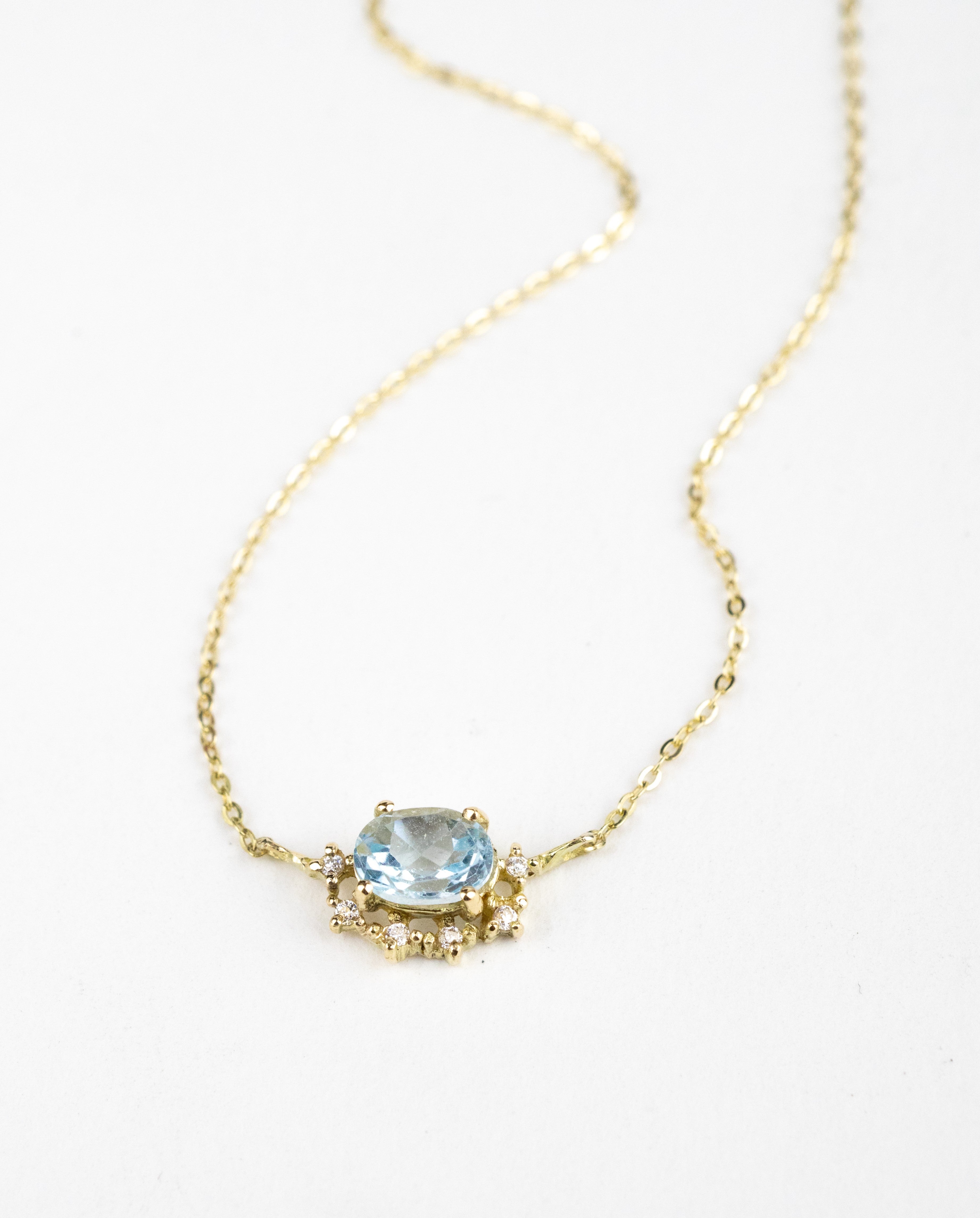Cadena de aguamarina & moissanitas / Tamaño 40 CM / 1 Aguamarina / 6 Moissanitas / Oro 18 K