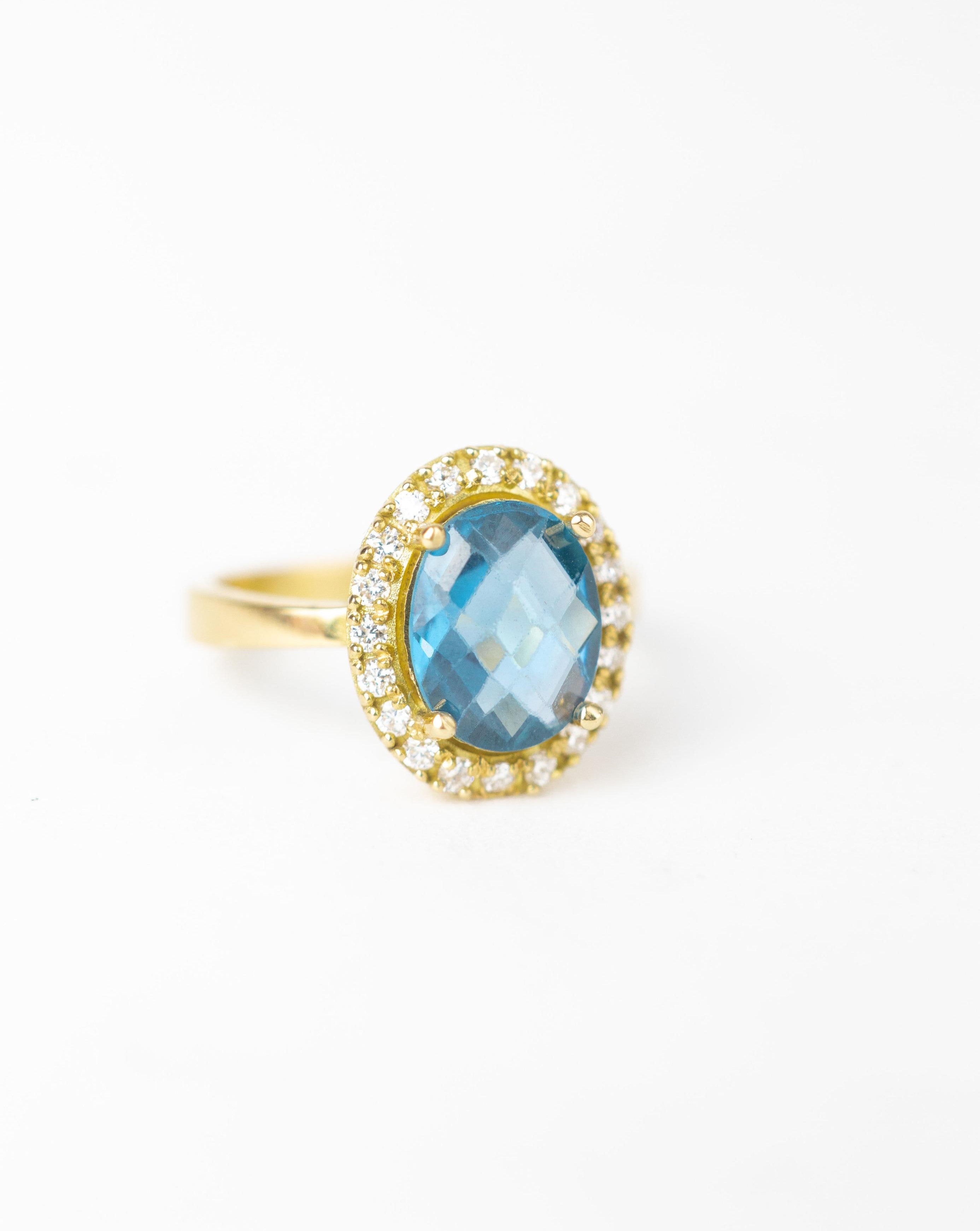 Anillo topacio london blue  / TALLA 7 / 1 Topacio London Blue / 20 Diamantes / Oro 18 K
