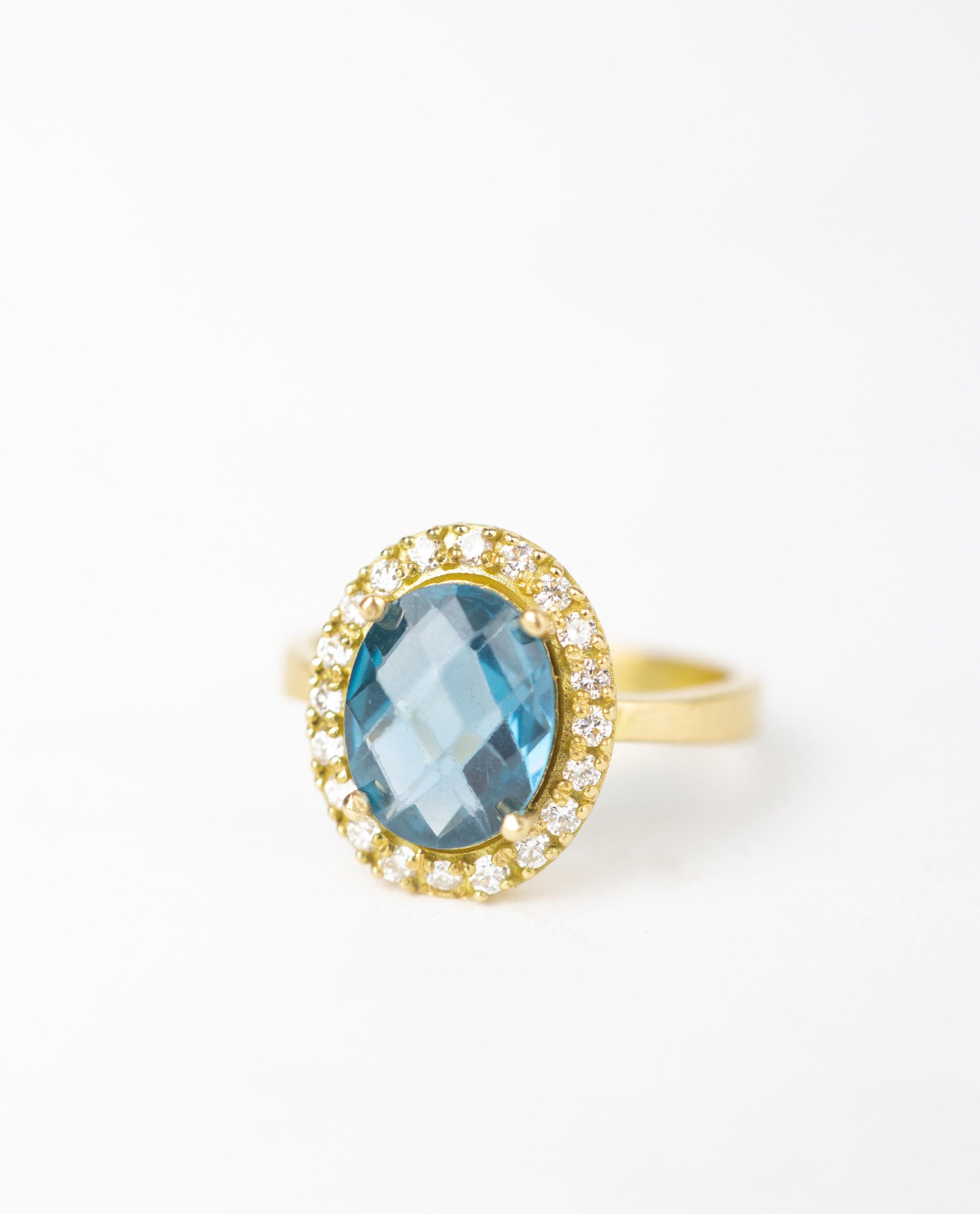 Anillo topacio london blue  / TALLA 7 / 1 Topacio London Blue / 20 Diamantes / Oro 18 K